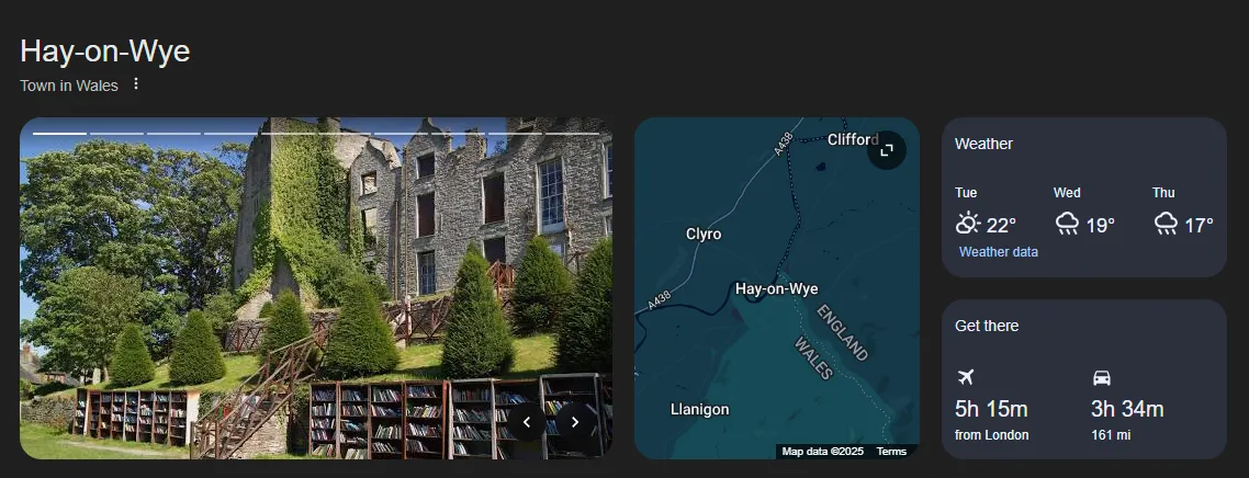 Screenshot of Google search results for Hay-on-Wye, Wales showing maps, articles, and local highlights